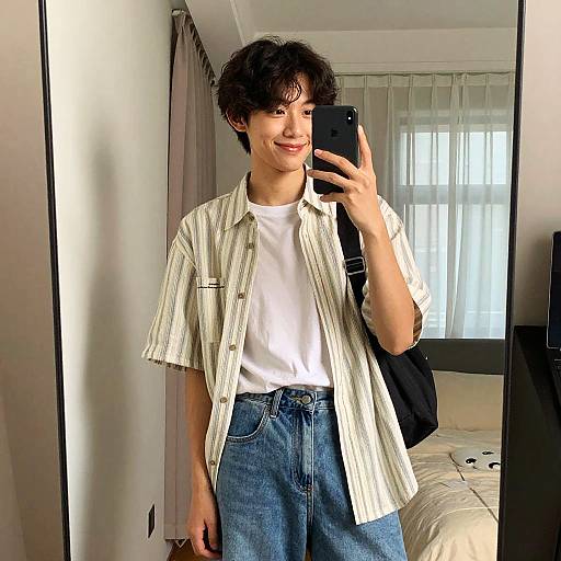 Young man with short, curly brown hair taking a mirror selfie in a bedroom. Wearing a white t-shirt, striped shirt, and high-wa