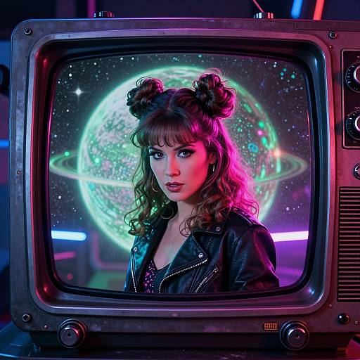 Neon-lit photograph of a woman with curly hair in space-themed buns, wearing a black leather jacket, displayed on an old TV set against