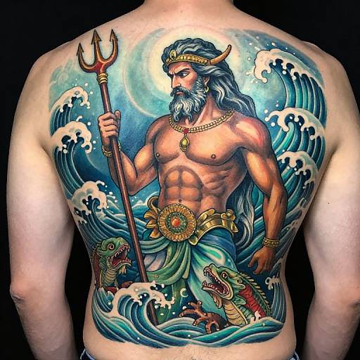 Tattooed man's back: muscular Poseidon with blue hair, beard, golden crown, trident, green kilt, and two dragons