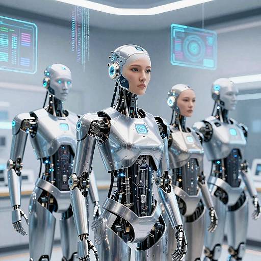 Futuristic AI Men in High-Tech Lab