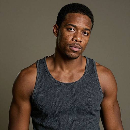 Photograph of a muscular, dark-skinned Black man with short hair, wearing a dark gray tank top, against a plain gray background.