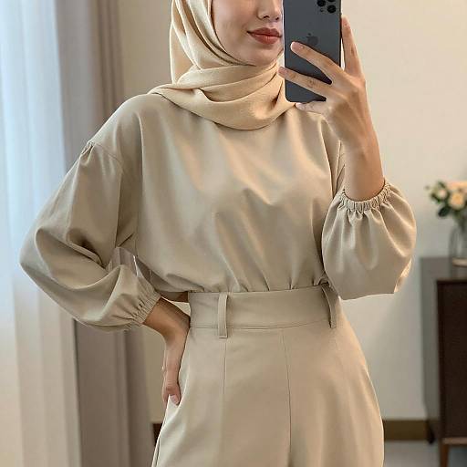 Elegant Woman in Beige Hijab Taking Selfie