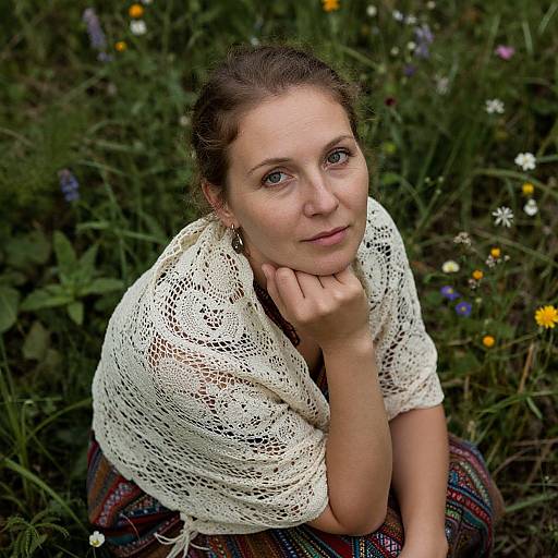 Photograph of a fair-skinned woman with brown hair in a braid, wearing a white knit top and patterned skirt, sitting in a grass