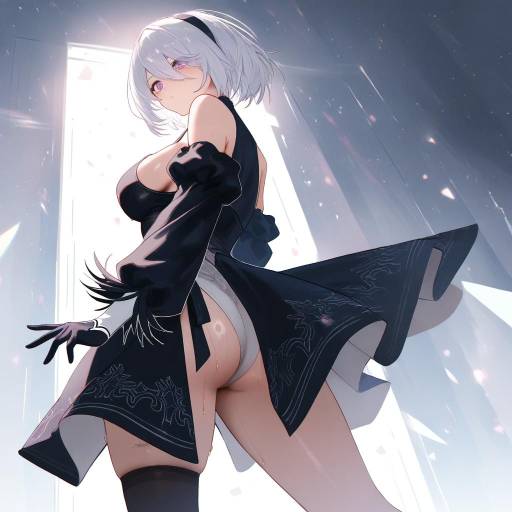 Digital art of a white-haired, black-dressed, anime-style woman with a revealing back and buttocks, leaning on a modern kitchen counter.
