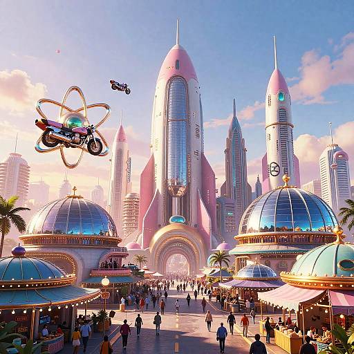 Futuristic Atompunk Cityscape at Sunset