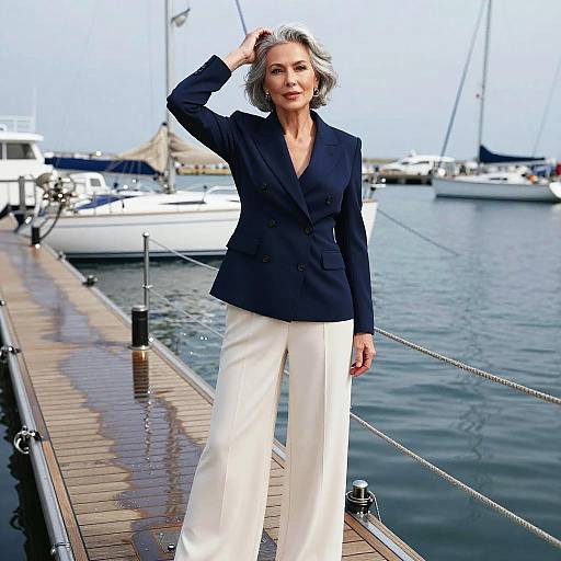 Photograph of a silver-haired woman in a navy blazer and white pants, standing on a wet marina dock with boats in the background, hand