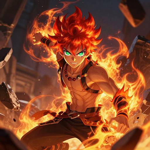 Digital anime artwork of a muscular, red-haired, green-eyed boy surrounded by fiery flames, wearing black harness and pants, mid-action, in a burning