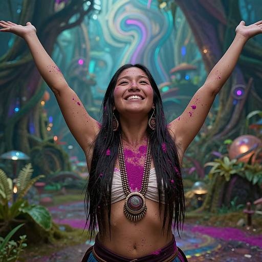 Photograph of a smiling Asian woman with long black hair, arms raised, in a vibrant, psychedelic forest, wearing a pink-stained crop top and