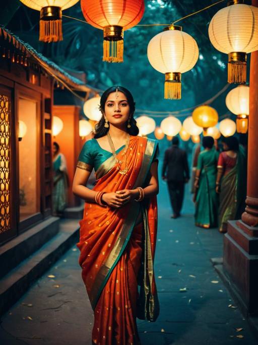 Woman in Traditional Saree with Lanterns