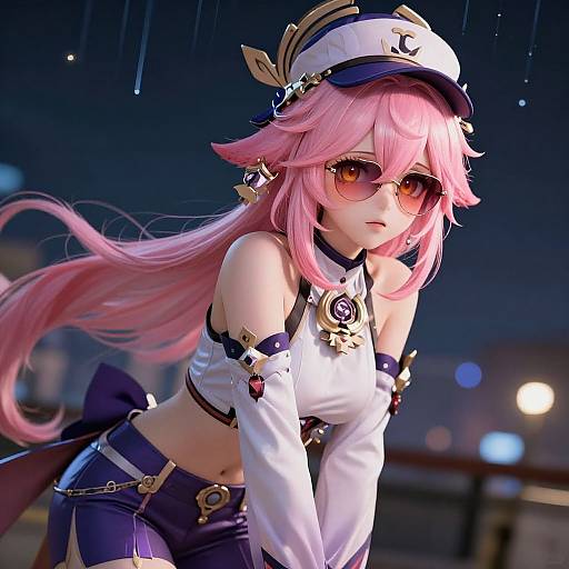 Digital anime-style artwork of a pink-haired girl with sunglasses, white crop top, navy pants, and naval-themed hat, leaning forward at night.