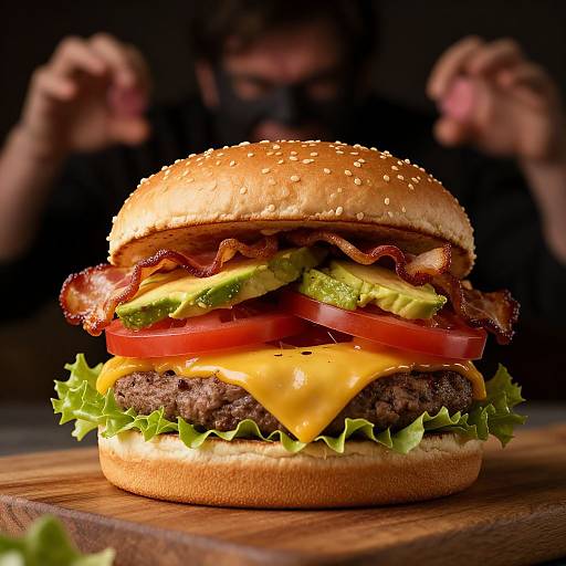 Photograph of a juicy cheeseburger with sesame seed bun, crispy bacon, avocado, tomato, lettuce, and melted cheese, foregrounded against a blurred
