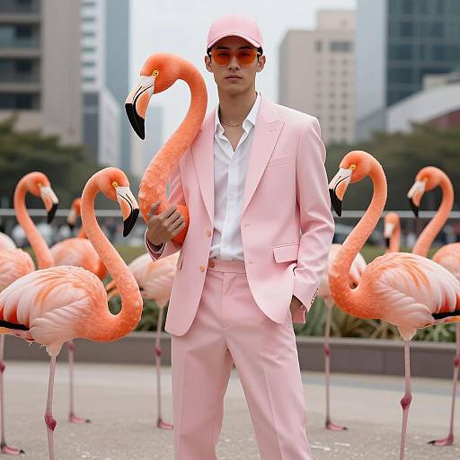 Man in Pink Suit with Flamingos