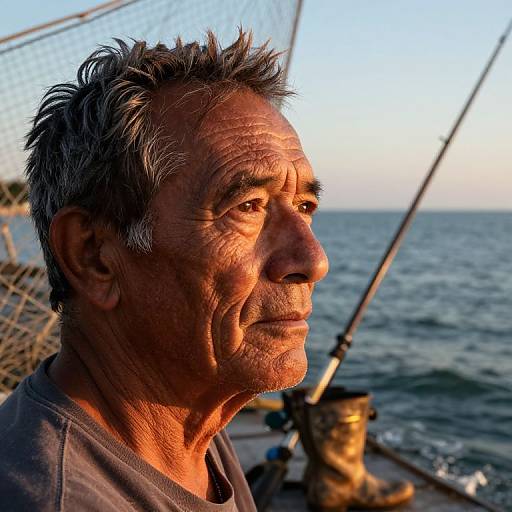 Photograph of an elderly man with weathered face, gray hair, and deep wrinkles, fishing on a boat at sunset, ocean in background. Warm