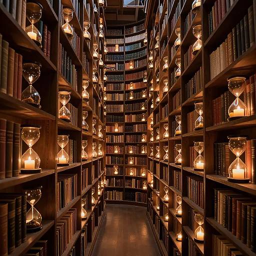 Photograph of a library aisle lined with wooden shelves filled with books, each shelf illuminated by glowing hourglass-shaped lamps.