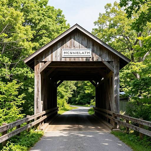 Photograph of a rustic wooden McNeelath bridge arching over a sunlit, gravel path surrounded by lush, green trees.