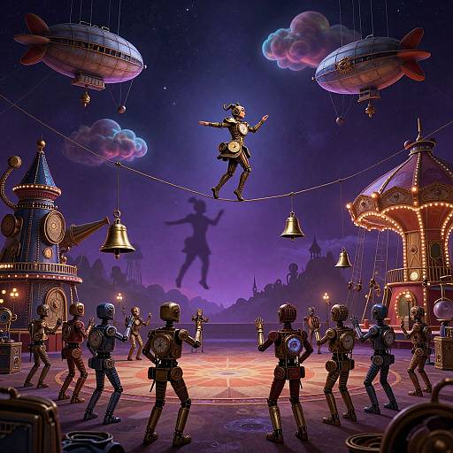 Digital cartoon: Robotic acrobat jumps on tightrope under purple sky, surrounded by flying zeppelins, circus tent, and audience in