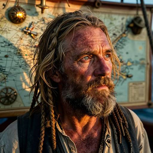 Photograph of a rugged, middle-aged man with long, dirty blonde dreadlocks and a gray beard, illuminated by sunset, standing in front of a