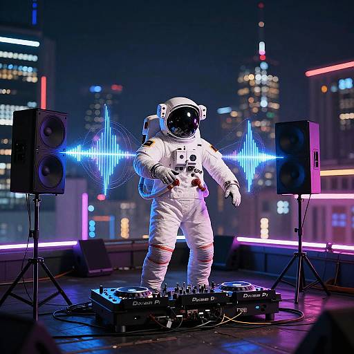 Futuristic Astronaut DJ Neon Rooftop