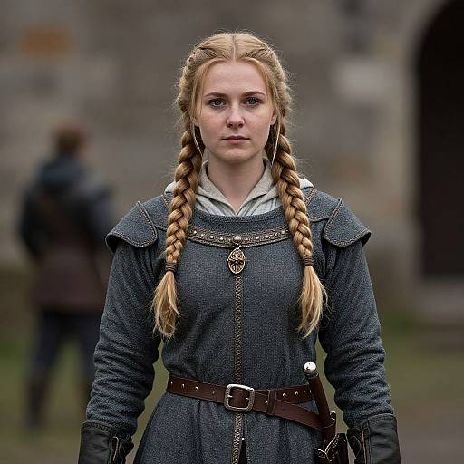 Photograph of a blonde woman with braided hair, wearing a medieval-style gray dress, brown belt, and black gloves, standing in front of a