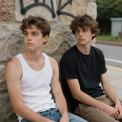 Two Young Men Sitting Against Stone Wall
