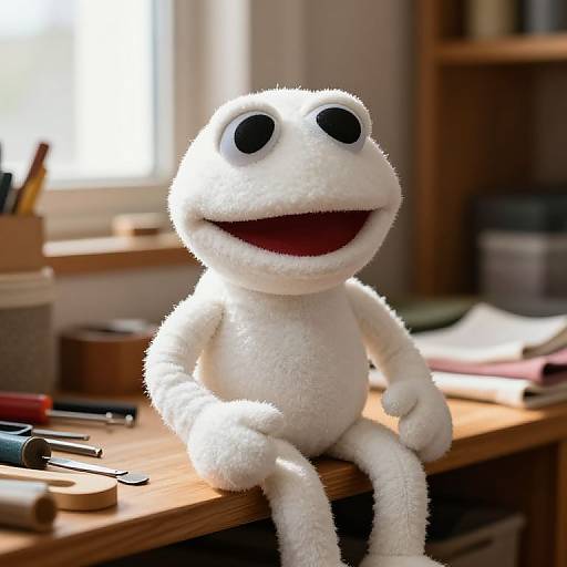 Cheerful White Muppet in Workshop