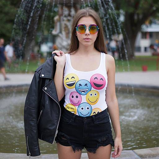 Photograph of a young woman with long brown hair, wearing reflective sunglasses, white tank top with smiley faces, black frayed shorts, and black