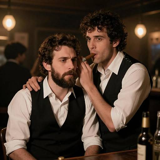 Two Men in Dimly Lit Bar with Cigar