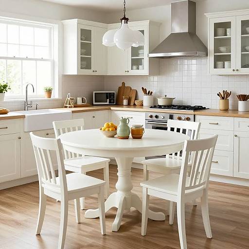 Bright, modern kitchen photograph featuring a white round table with four chairs, white cabinets, stainless steel stove, and wooden floor.