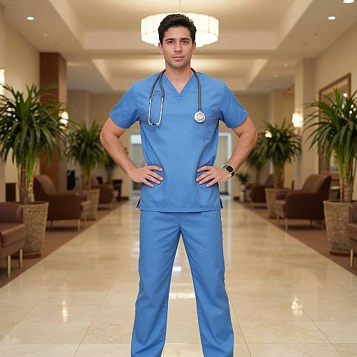Photograph of a handsome male nurse in blue scrubs with a stethoscope, standing confidently in a brightly lit, plant-filled hospital hallway.