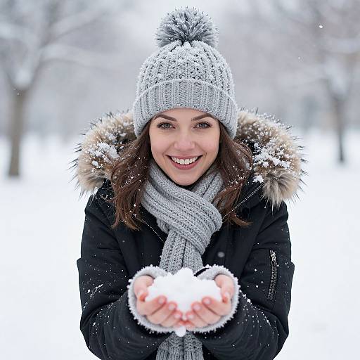 Photograph of smiling woman with fair skin, brown hair, wearing gray knit hat, black coat with fur hood, gray scarf, holding snowball in