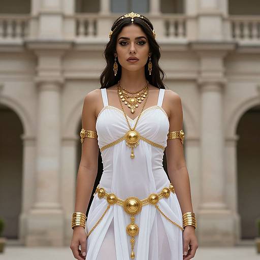 Photorealistic digital art of a dark-haired woman in a white, gold-adorned ancient Greek-inspired dress, standing in front of a classical stone