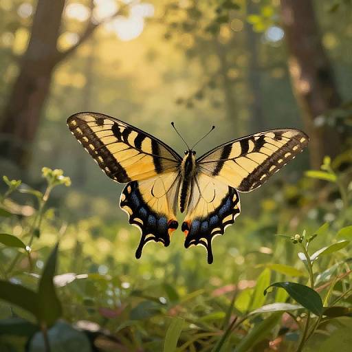 Photograph of a vibrant yellow and black butterfly with red spots, perched on green foliage in a sunlit forest.