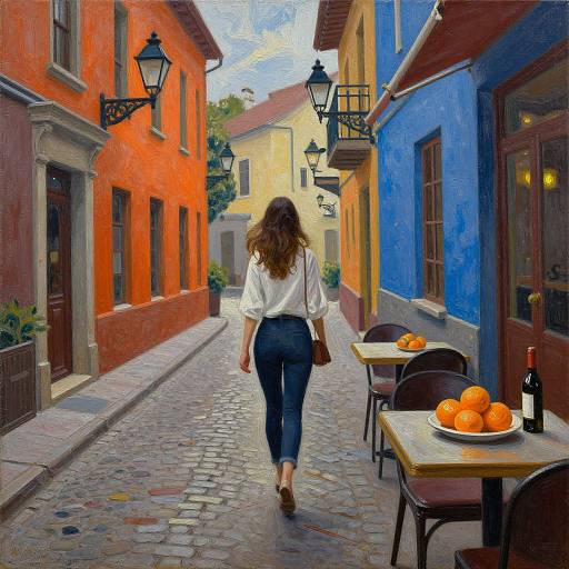Photograph of a woman in white blouse and blue jeans walking down a colorful cobblestone street, past blue and orange buildings with outdoor tables and oranges