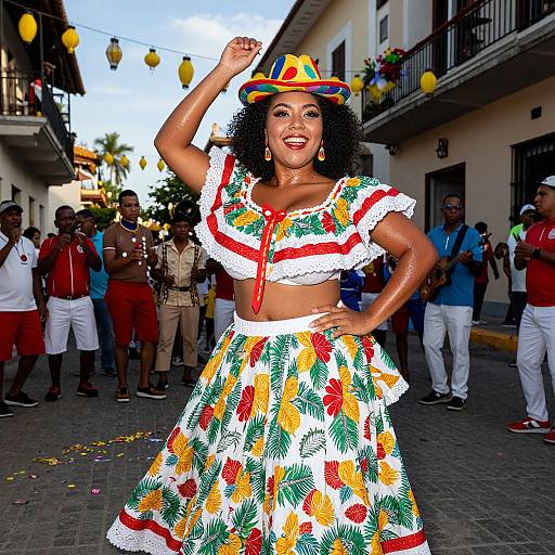 Photograph of a confident Black woman in colorful, floral carnival outfit with matching hat, posing outdoors in a street parade. Background: crowd, buildings,