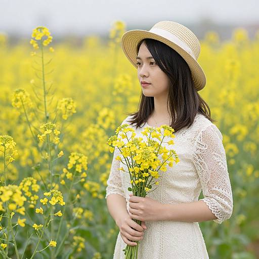 Asian woman with black hair, wearing white lace dress and straw hat, holding yellow flowers in vibrant yellow field. Photograph.