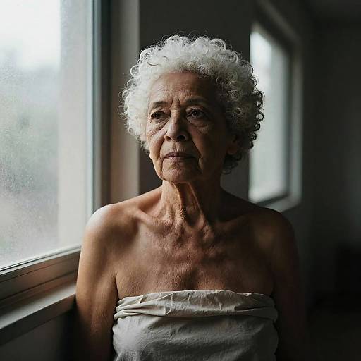 Photograph of an elderly woman with white curly hair, sunlit window background, wearing a white strapless towel, shadowed face.