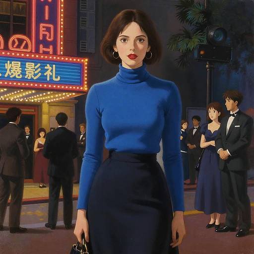 Digital art of a stylish woman in a blue turtleneck and black skirt, standing in a neon-lit, busy urban night scene with people in