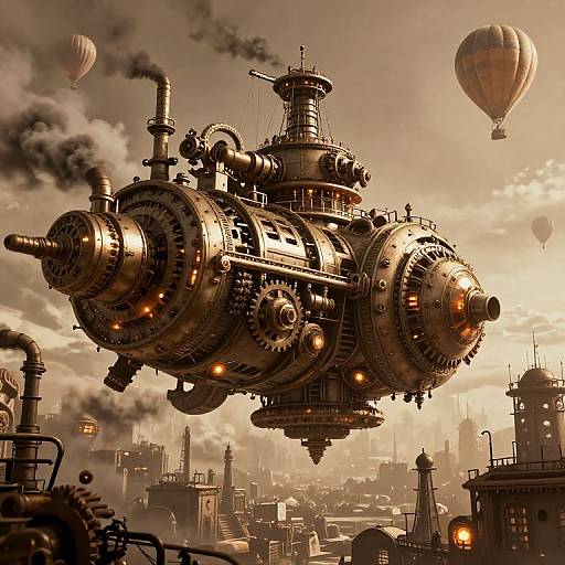 Steampunk airship with intricate gears and smokestacks flying over a foggy industrial cityscape, featuring hot air balloons and factory buildings. Digital