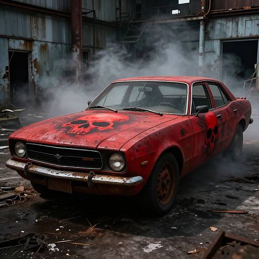 Photograph of a rusted, red, vintage car with a skull decal, emitting smoke, in a dilapidated, industrial warehouse with graffiti