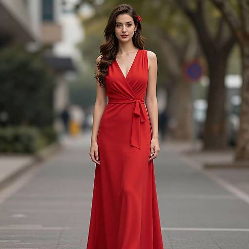 Photograph of a slender woman with long, wavy brown hair in a red V-neck, sleeveless gown, standing on an urban street. Bl