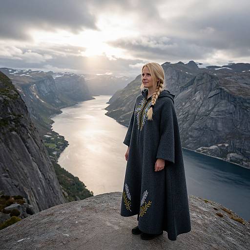 Photograph of a blonde woman in a long, dark, embroidered cloak standing on a rocky mountain ledge, overlooking a sunlit fjord with dramatic,