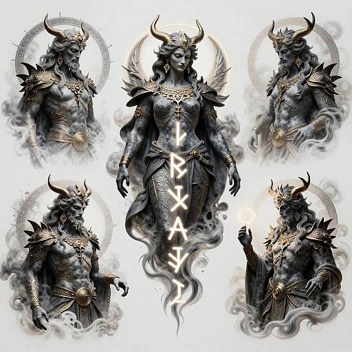 Digital artwork of a dark, horned, armored goddess with flowing black and gray robes, surrounded by five smaller versions, with 
