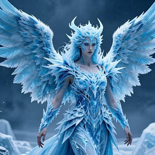 Digital artwork of a regal, blue-winged angel with icy, feathered armor, glowing horns, and icy blue eyes, standing amidst snow.