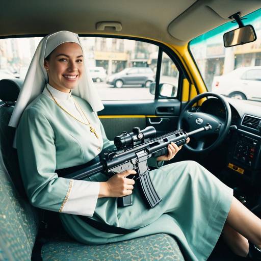 Nun Holding Rifle in Car