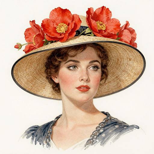 Digital illustration of a fair-skinned woman with red lipstick, wearing a large straw hat adorned with vibrant red flowers, and a blue lace-trimmed