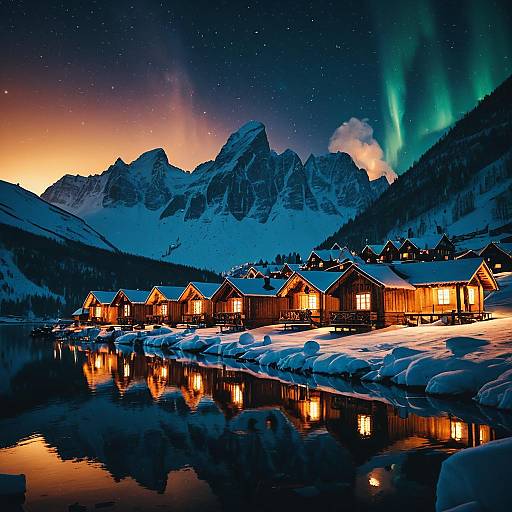 Winter Village by a Lake Under Auroras