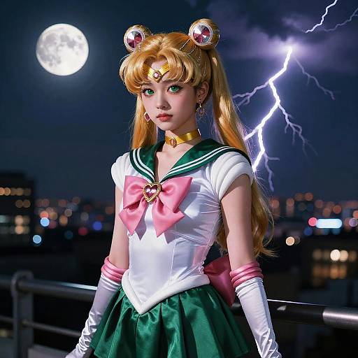 Sailor Moon Cosplay with Lightning and Moon Background