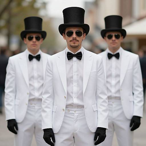 Photograph of three men in white tuxedos, black bow ties, top hats, sunglasses, and black gloves, standing in an urban street