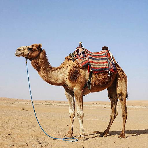 Photograph of a tan camel with a red and blue striped saddle, standing in a bright, clear desert under a blue sky.