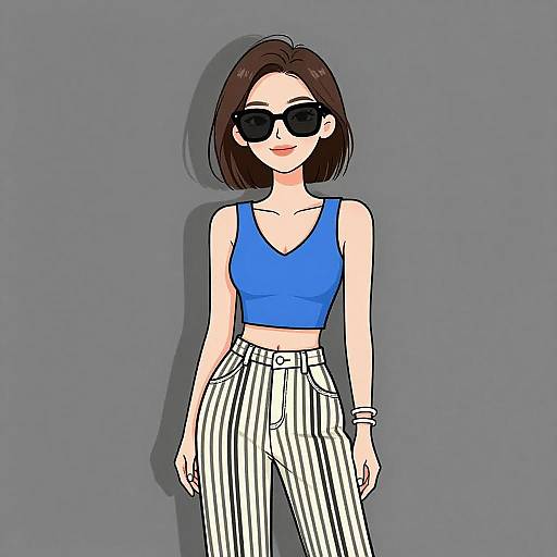 Digital illustration of a woman with short brown hair, wearing black sunglasses, blue crop top, and white pinstripe pants, standing against a grey background